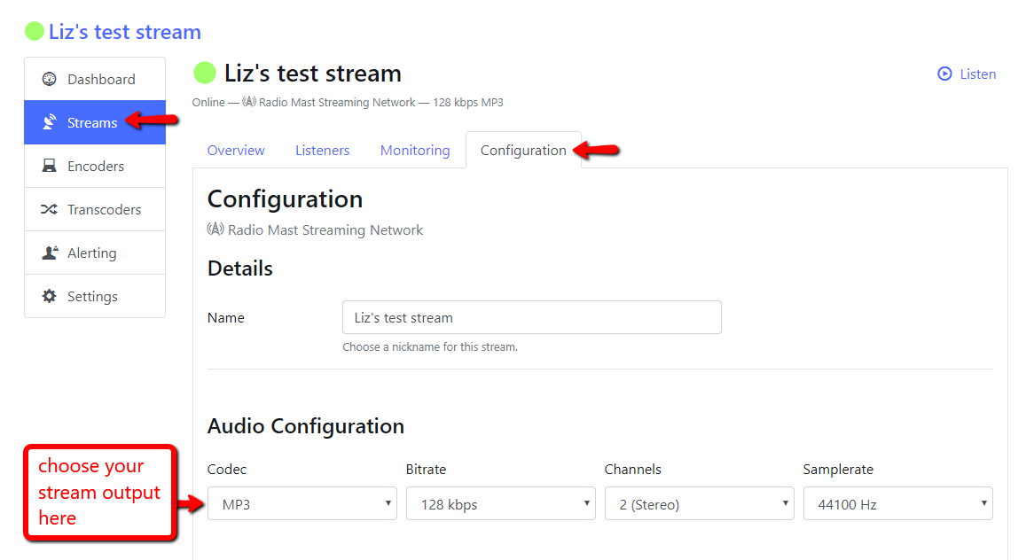 Change the audio codec in your stream's Configuration tab.