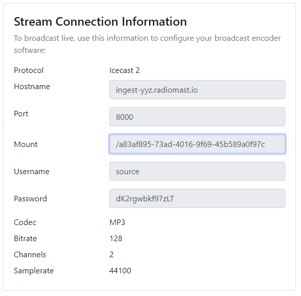 Radio Mast streaming details for your encoder.