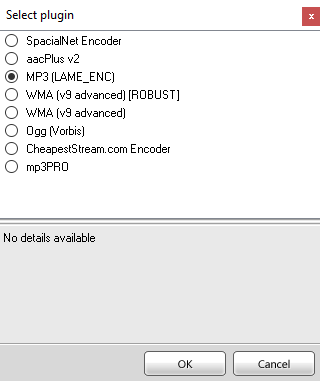 SAM Broadcaster encoder plugin selection window
