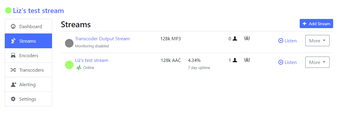 The output and input streams for your transcoder will appear in your Streams list.