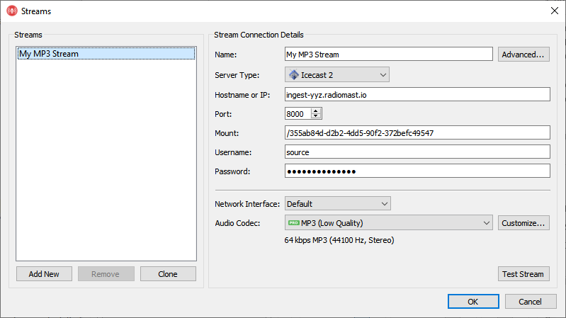 Rocket Broadcaster stream settings for use with Radio Mast