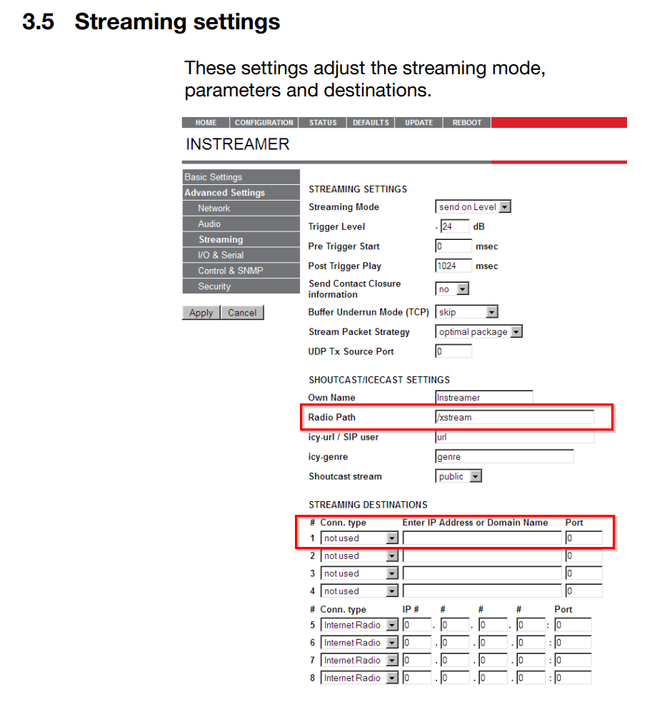 Barix Instreamer stream settings for Radio Mast" caption="Shoutcast/Icecast settings. Located in the *Configuration* tab on your Barix.