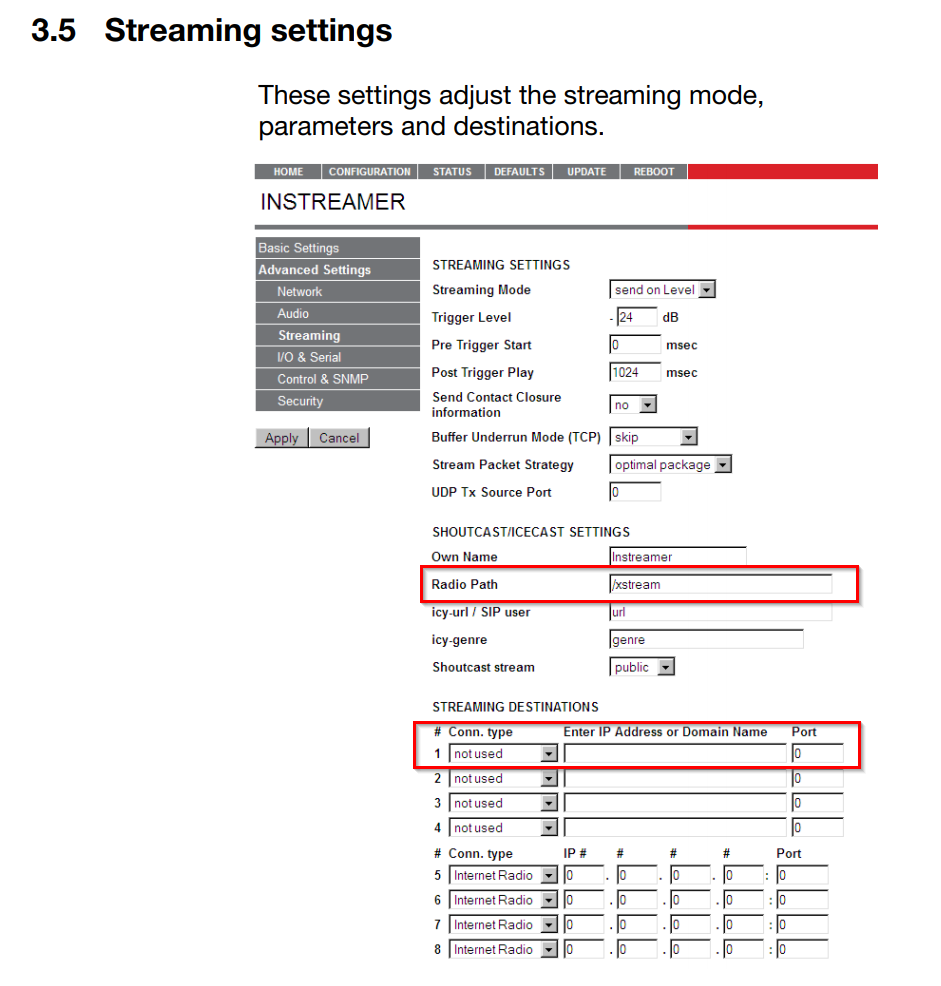 Barix Instreamer stream settings for Radio Mast