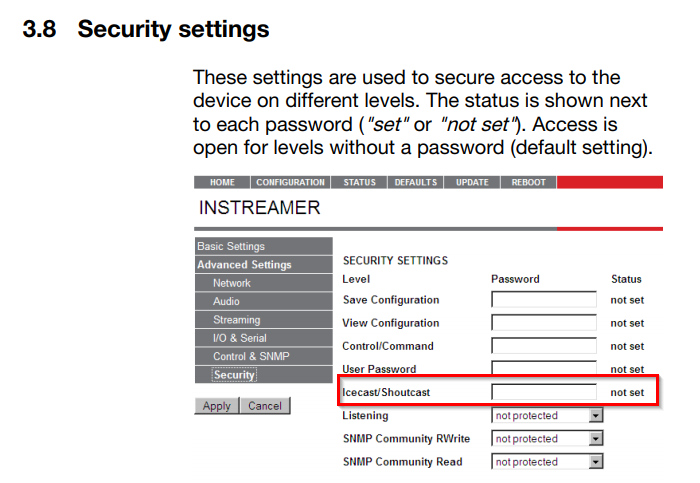 Barix Instreamer security settings" caption="Security settings. Located in the *Advanced Settings* link on the left, under *Security* on your Barix.