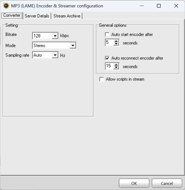 SAM Cast MP3 Encoder window screenshot