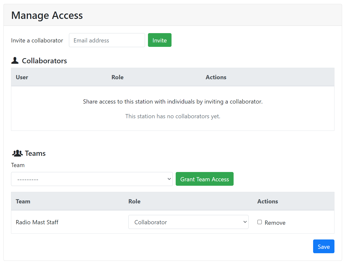 Screenshot of Station Settings in Radio Mast, showing the Manage Access section.