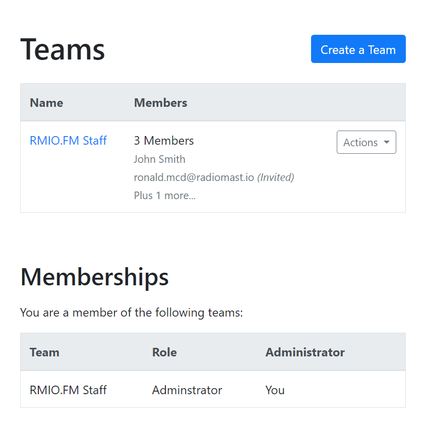 Screenshot of Teams Settings in Radio Mast, showing a list of teams on a user's account.