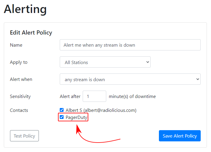 Alerting Policy edit page showing adding PagerDuty as a contact